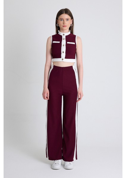 Bordo Kolsuz Crop Bluz ve Şeritli Palazzo Pantolon Takım 2214 modelleri