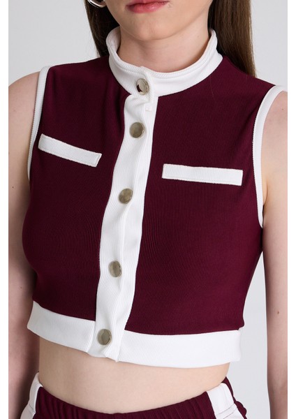 Bordo Kolsuz Crop Bluz ve Şeritli Palazzo Pantolon Takım 2214 fırsatları