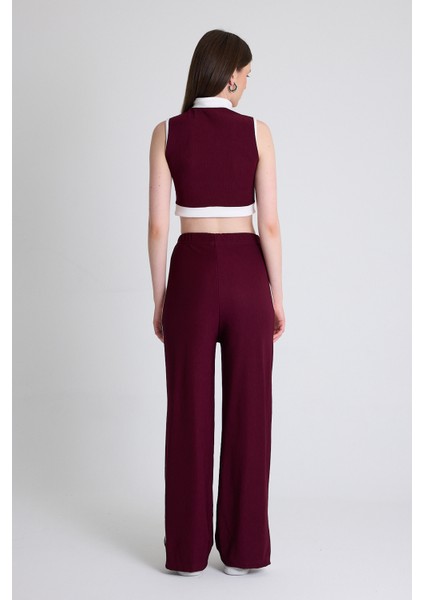 Bordo Kolsuz Crop Bluz ve Şeritli Palazzo Pantolon Takım 2214 indirimleri