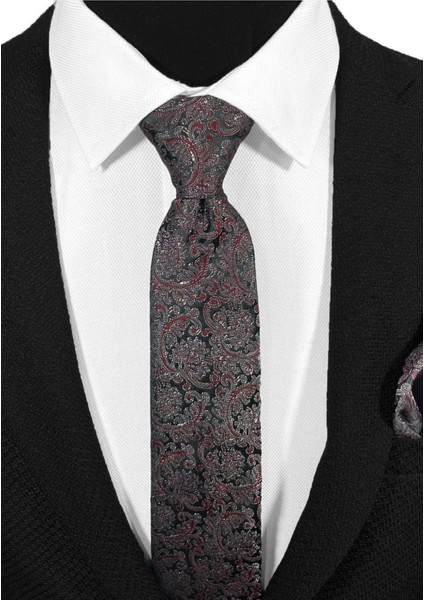 Siyah Zemin Üzerine Bordo Şal Desenli Mikrofiber Kravat ve Mendil Takımı - 7 cm Modern Kesim