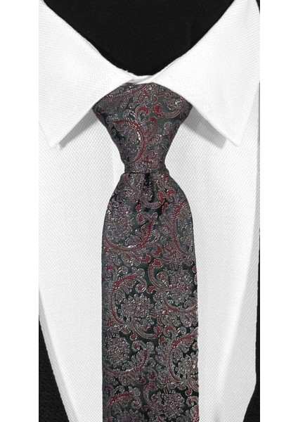 Siyah Zemin Üzerine Bordo Şal Desenli Mikrofiber Kravat ve Mendil Takımı - 7 cm Modern Kesim