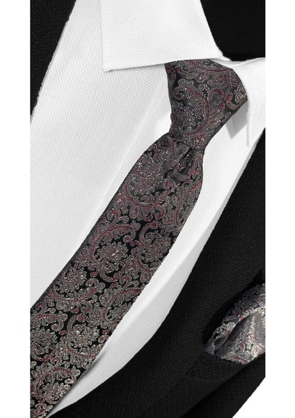 Siyah Zemin Üzerine Bordo Şal Desenli Mikrofiber Kravat ve Mendil Takımı - 7 cm Modern Kesim
