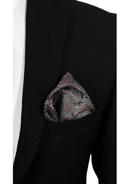 Siyah Zemin Üzerine Bordo Şal Desenli Mikrofiber Kravat ve Mendil Takımı - 7 cm Modern Kesim