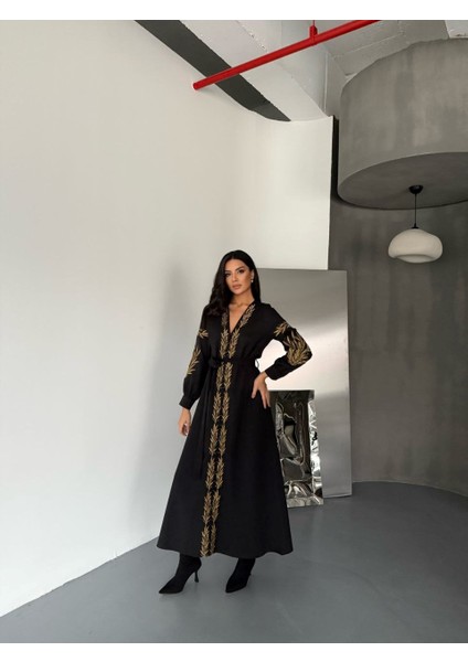 Atlas Kumaş&nakış Detaylı Elbise(Kuşak Dahildir)