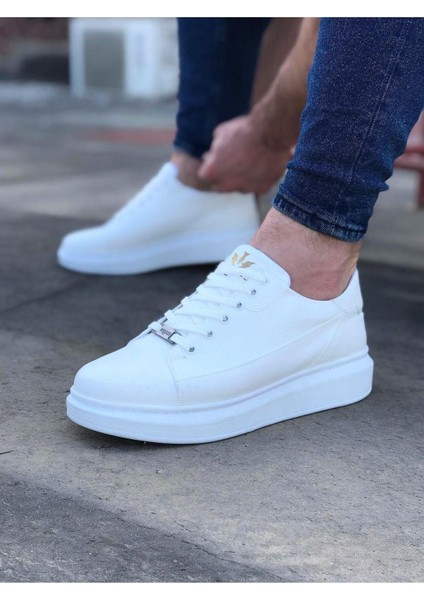 HS028 Beyaz Bağcıklı Kalın Taban Casual Erkek Ayakkabı