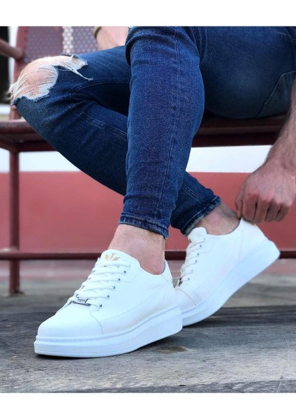 HS028 Beyaz Bağcıklı Kalın Taban Casual Erkek Ayakkabı