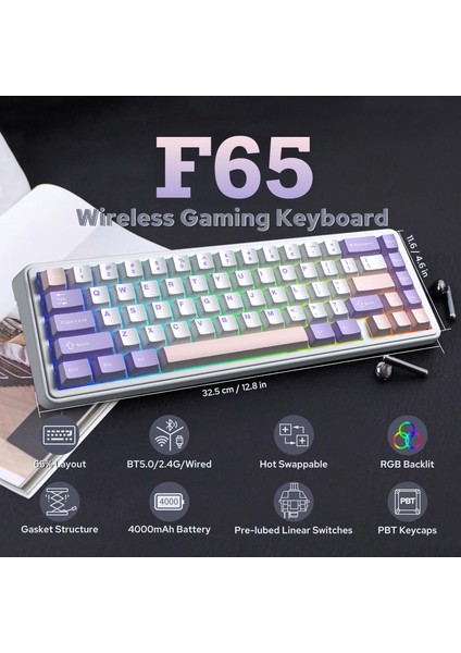 F65 Nimbus V3 Switch Mekanik Rgb Tkl Makrolu Hot Swap Kablosuz Klavye Pastel
