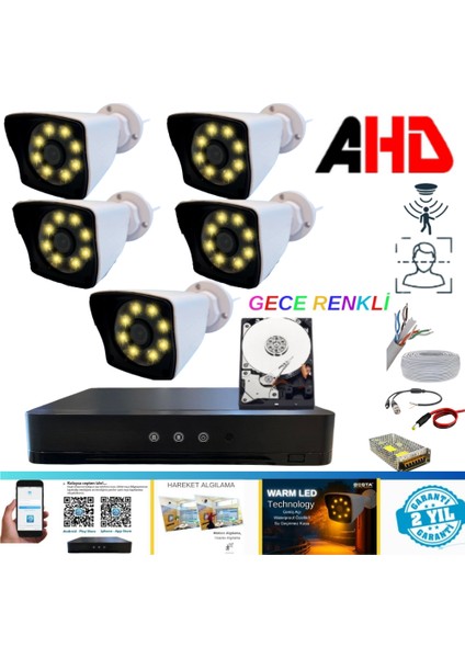 5 Kameralı 5mp Lens 1080P Warm LED Gece Renkli 320 GB HDD Dahil Güvenlik Seti - 25320W
