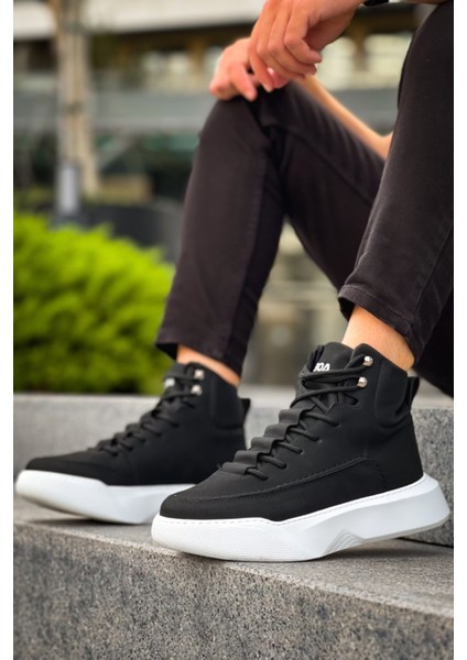 ET0321 Gizli Bağcıklı Erkek Yüksek Taban Siyah Beyaz Spor Bot