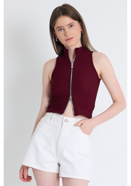 Bordo Fermuar Detaylı Kolsuz Crop Bluz 2226