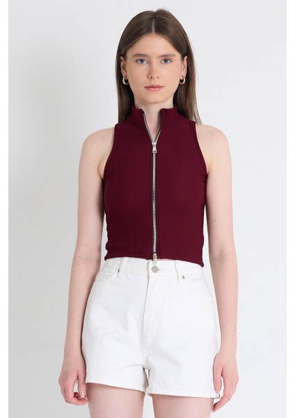 Bordo Fermuar Detaylı Kolsuz Crop Bluz 2226 fiyatları