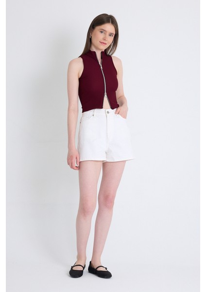 Bordo Fermuar Detaylı Kolsuz Crop Bluz 2226 modelleri