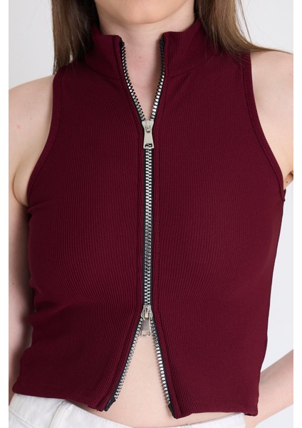 Bordo Fermuar Detaylı Kolsuz Crop Bluz 2226 fırsatları