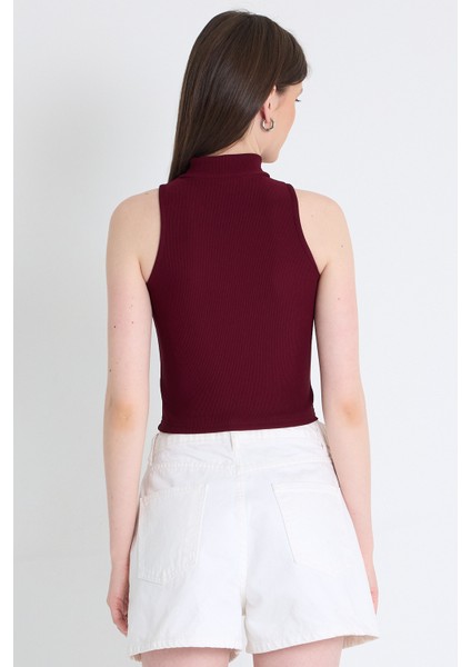 Bordo Fermuar Detaylı Kolsuz Crop Bluz 2226 indirimleri