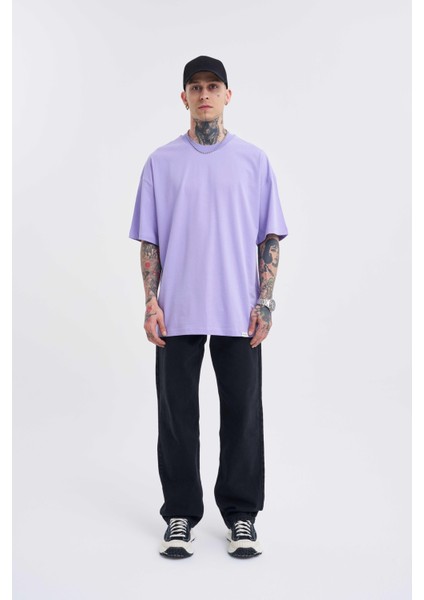 Erkek Basic Super Pamuklu Oversize Lila Tişört