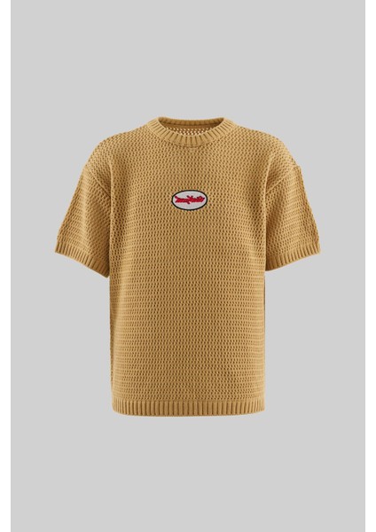 Mchnst Knıt Y2K Embroıdery Detaıled Tee Soft Beıge