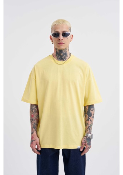 Erkek Basic Super Pamuklu Oversize Açık Sarı Tişört