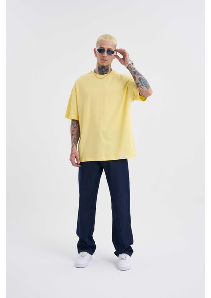 Erkek Basic Super Pamuklu Oversize Açık Sarı Tişört