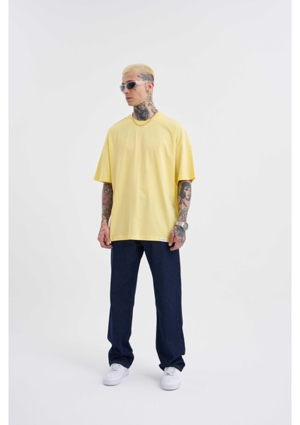 Erkek Basic Super Pamuklu Oversize Açık Sarı Tişört