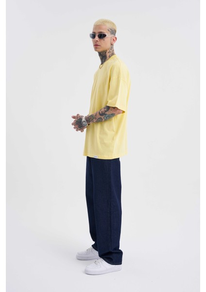 Erkek Basic Super Pamuklu Oversize Açık Sarı Tişört