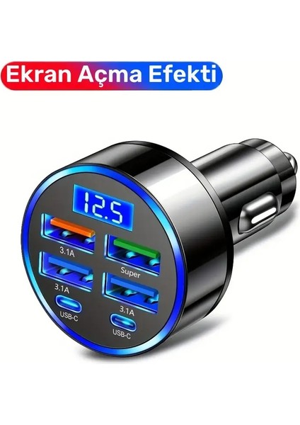 Araç Şarj Cihazı 6 Portlu | 2pd + 4usb, Hızlı Şarj, Tip-C, Dijital Ekran