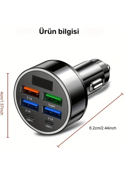 Araç Şarj Cihazı 6 Portlu | 2pd + 4usb, Hızlı Şarj, Tip-C, Dijital Ekran fiyatları