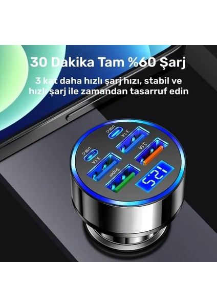 Araç Şarj Cihazı 6 Portlu | 2pd + 4usb, Hızlı Şarj, Tip-C, Dijital Ekran modelleri