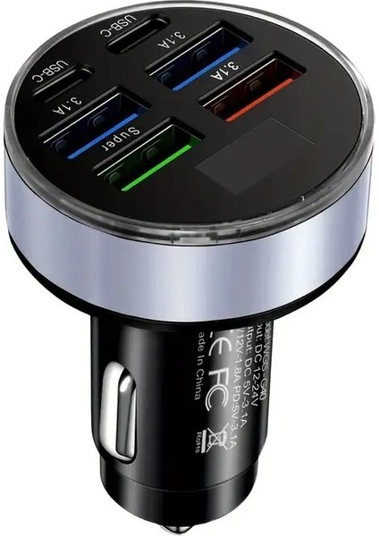 Araç Şarj Cihazı 6 Portlu | 2pd + 4usb, Hızlı Şarj, Tip-C, Dijital Ekran