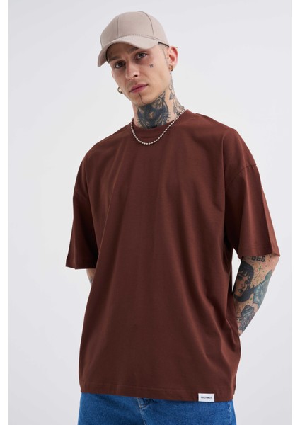 Erkek Basic Super Pamuklu Oversize Çikolata Tişört