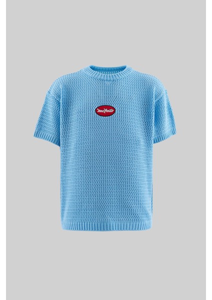 Mchnst Knıt Y2K Embroıdery Detaıled Tee Baby Blue