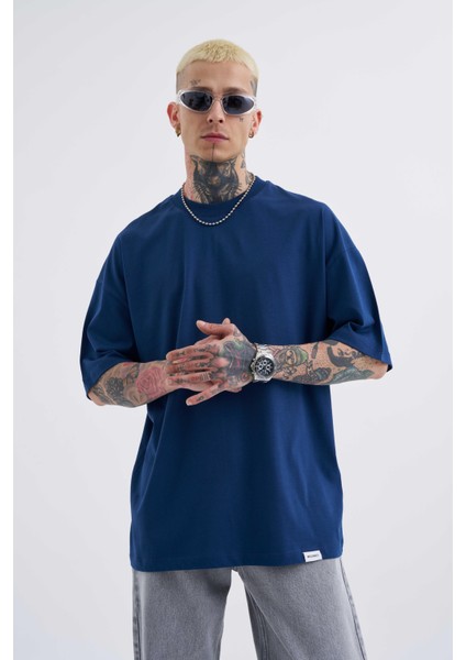 Erkek Basic Super Pamuklu Oversize Indigo Tişört