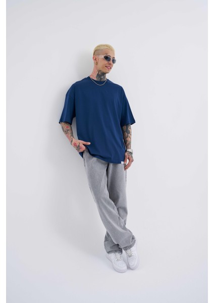 Erkek Basic Super Pamuklu Oversize Indigo Tişört