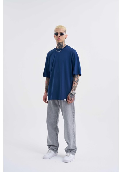 Erkek Basic Super Pamuklu Oversize Indigo Tişört