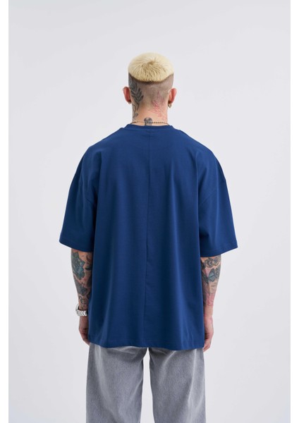 Erkek Basic Super Pamuklu Oversize Indigo Tişört
