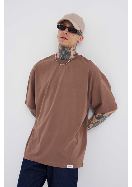 Erkek Basic Super Pamuklu Oversize Kakao Tişört
