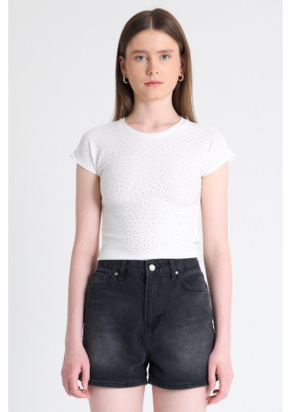 Byeaz Taş Detaylı Slim Fit Crop Tişört 9207M fiyatları