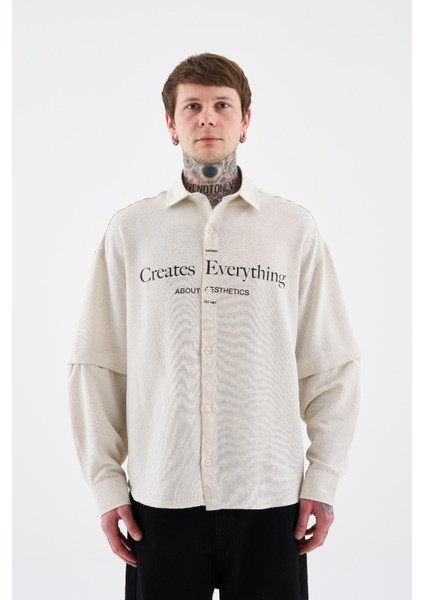Erkek Printed Detachable Sleeve Gömlek Ecru