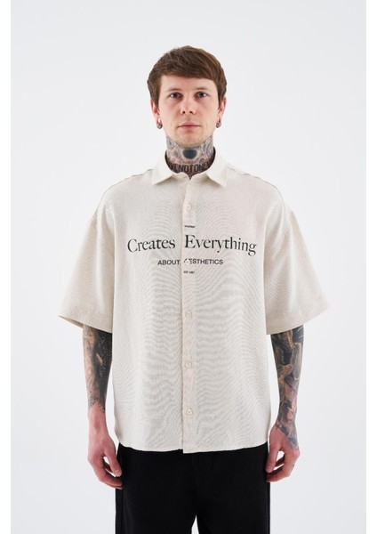 Erkek Printed Detachable Sleeve Gömlek Ecru