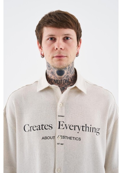 Erkek Printed Detachable Sleeve Gömlek Ecru