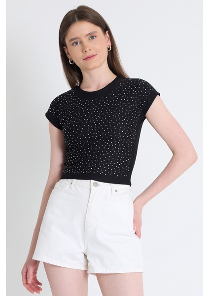 Siyah Taş Detaylı Slim Fit Crop Tişört 9207M