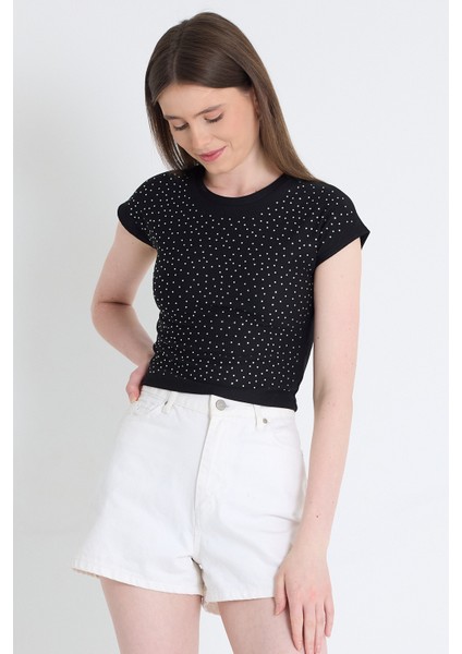 Siyah Taş Detaylı Slim Fit Crop Tişört 9207M modelleri
