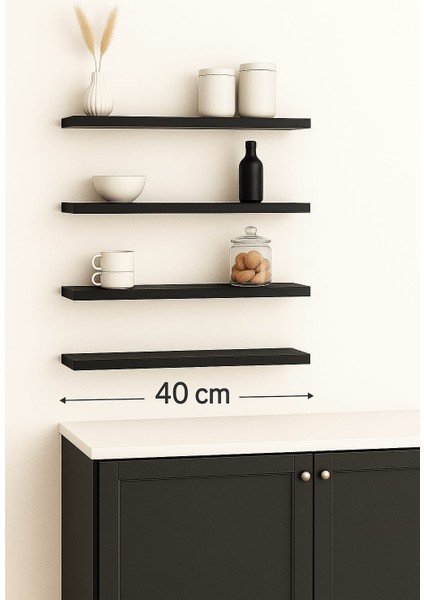 40 cm 4lü Mat Siyah Mdf Uçan Duvar Rafı Gizli Bağlantı Kitaplık Ahşap