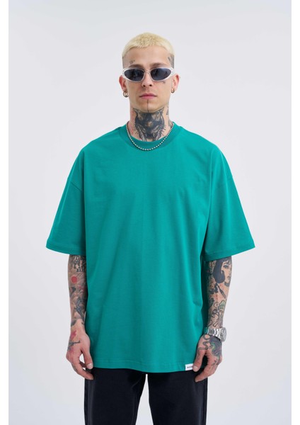 Erkek Basic Super Pamuklu Oversize Benetton Yeşili Tişört