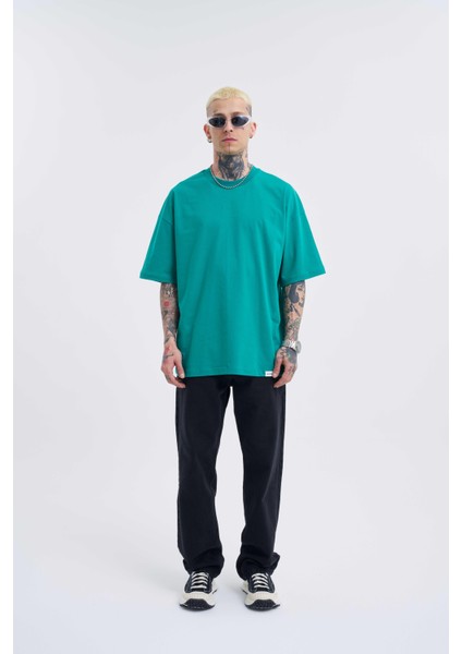 Erkek Basic Super Pamuklu Oversize Benetton Yeşili Tişört