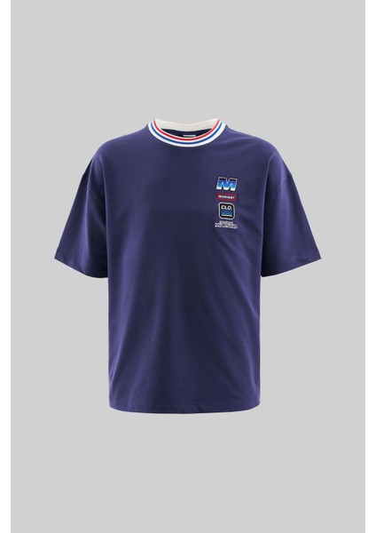 Erkek Striped Collar And Embroidered Oversize Lacivert Tişört