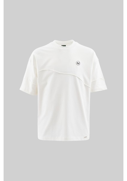 Erkek Technical Embroidered Oversize Ekru Tişört