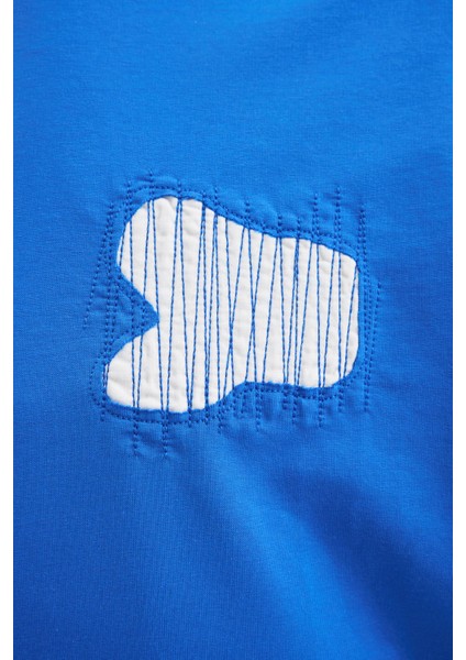 Erkek Patchwork And Stitched Oversize Soft Mavi Tişört