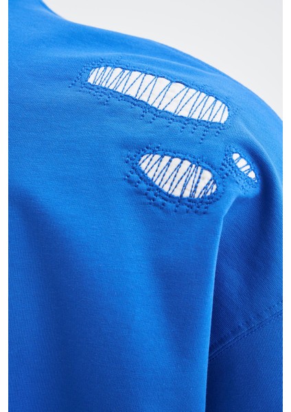 Erkek Patchwork And Stitched Oversize Soft Mavi Tişört