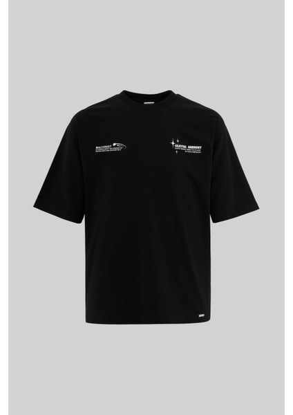 Erkek Slogan Printed Raglan Oversize Siyah Tişört