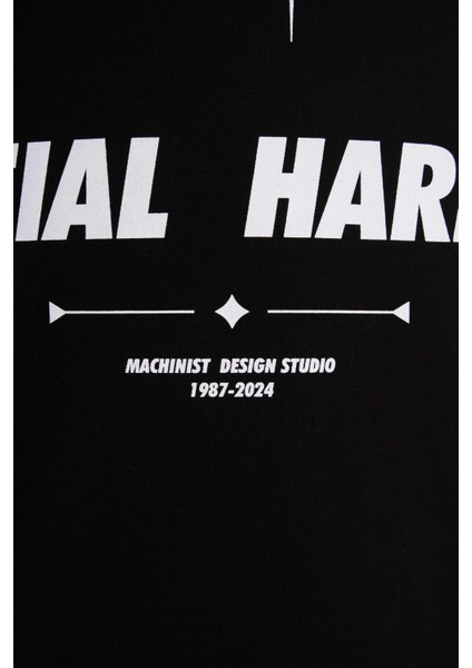 Erkek Slogan Printed Raglan Oversize Siyah Tişört